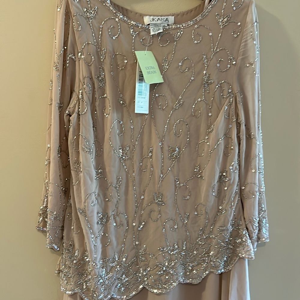 NWT JKara bell 3/4 sleeve, asymmetrical hem long dress in blush